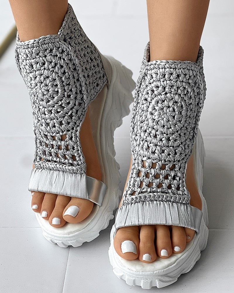 Women's Platform Sandals - Crochet Upper - High Ankle - Cushioned Rubber Sole