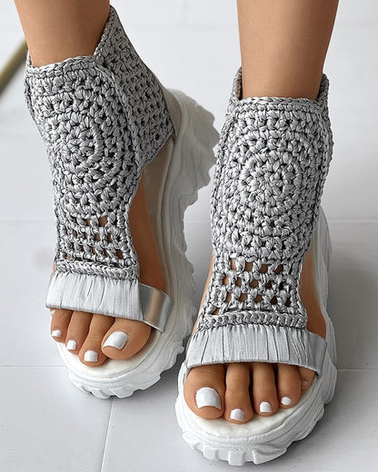 Women's Platform Sandals - Crochet Upper - High Ankle - Cushioned Rubber Sole
