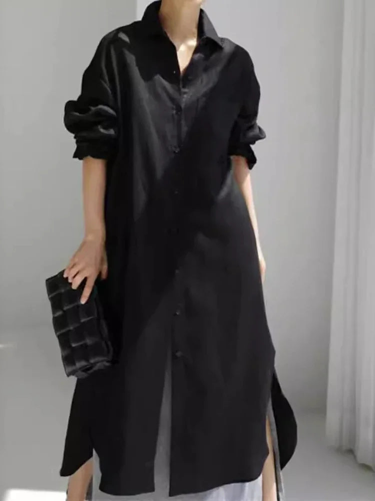 Women's Shirt Dress - Button Down - Long Sleeve - Relaxed Fit - Side Slits