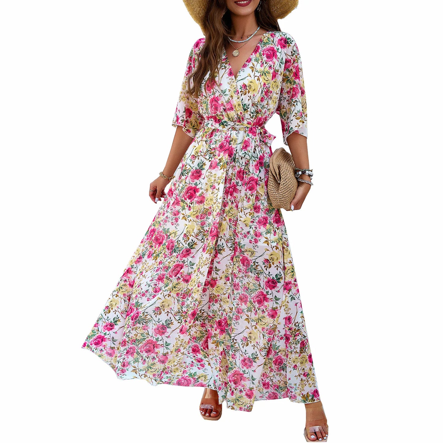 Women’s Maxi Dress – Floral Print – V-Neck – Waist Tie – 3/4 Sleeve – Slit Hem