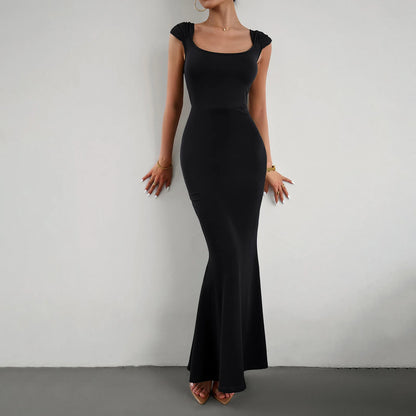 Women’s Maxi Dress – Bodycon Fit – Stretch Fabric – Square Neck – Cap Sleeves – Formal Wear