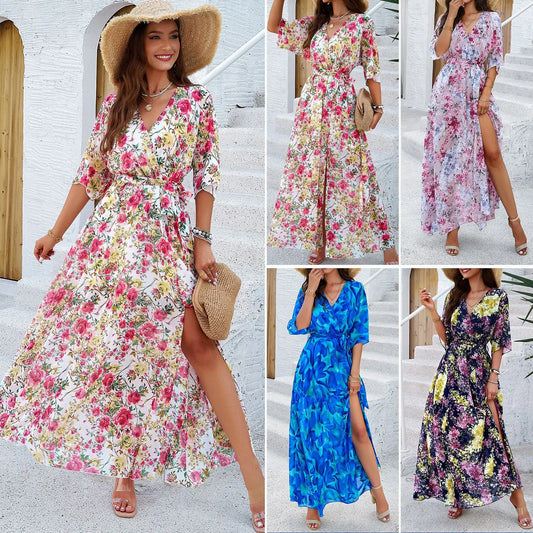 Floral Print Waist Tie Maxi Dress