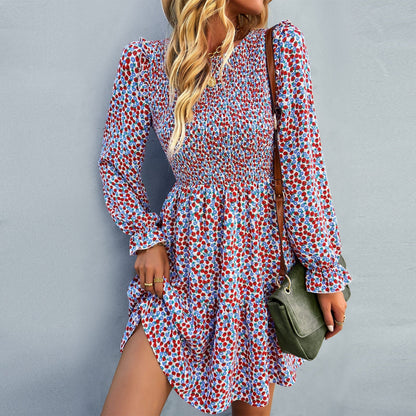 Women's Floral Dress - Long Sleeve Smocked Bodice - Flowy Boho Midi Style