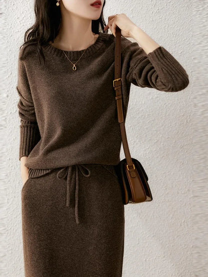 Women's loose pullover knit sweater skirt set