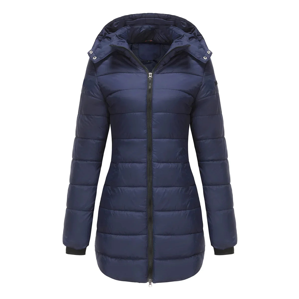 Women's winter puffer jacket with a removable quilted hood