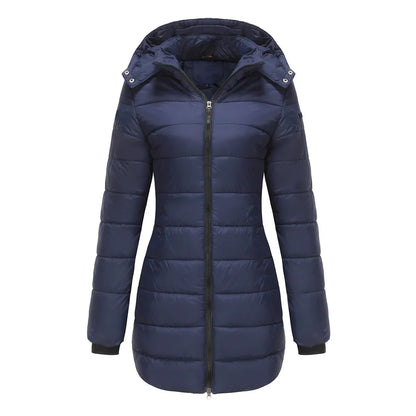 Women's winter puffer jacket with a removable quilted hood