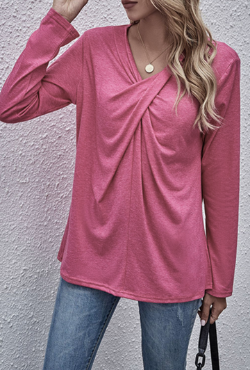 Sabelle - casual solid split joint fold v neck tops