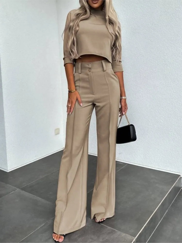 Women's  elegant casual crop top and high waist wide leg trouser set