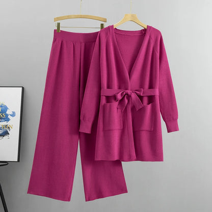 Women's autumn winter knit cardigan wide leg pants sets