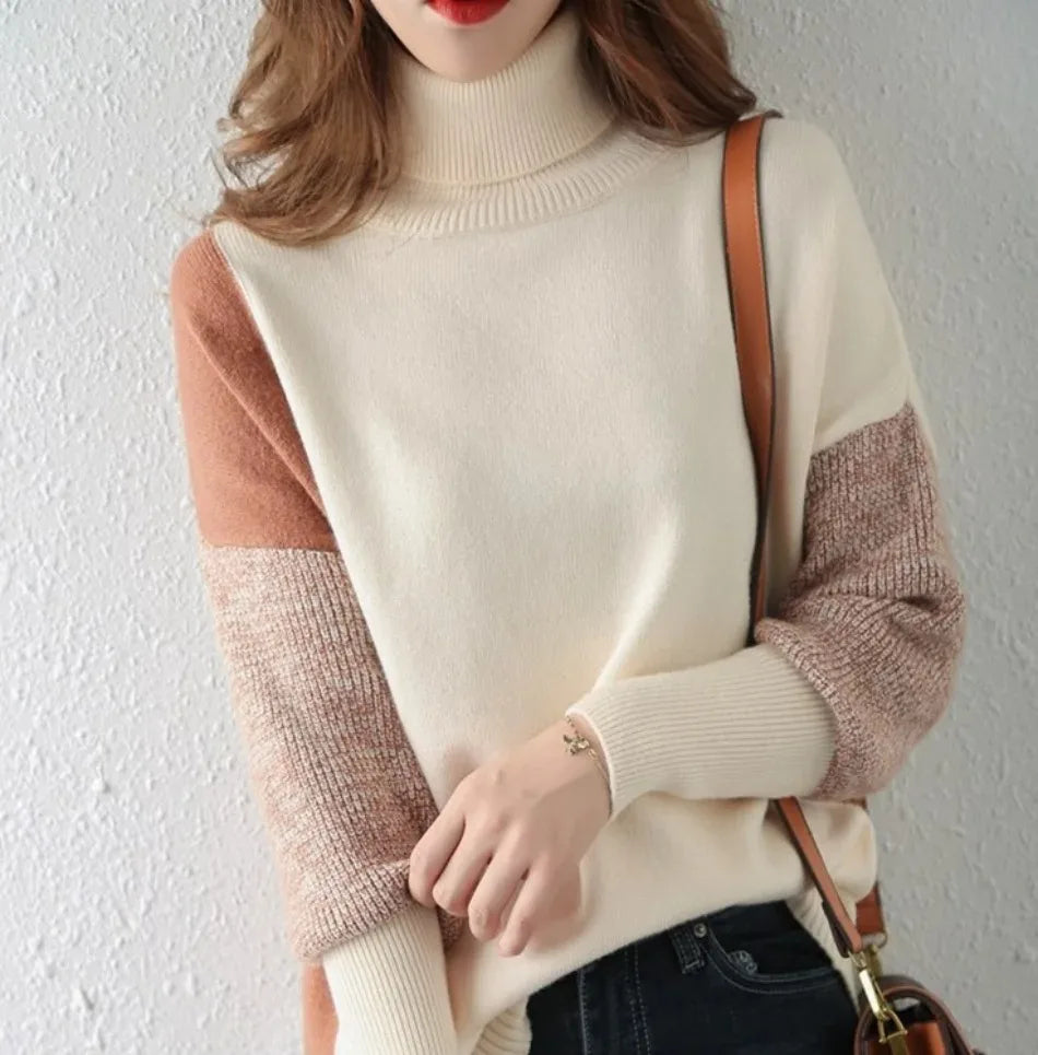 Women's color block high neck oversized sweater