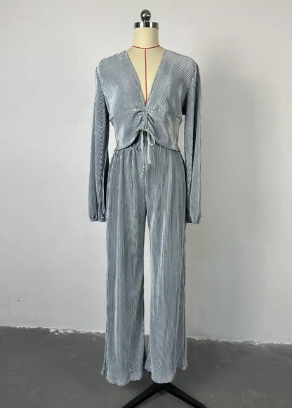Women's casual V-neck top and wide-leg trousers set