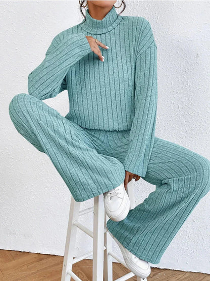 Women's solid color high collar long sleeve ribbed two-piece set