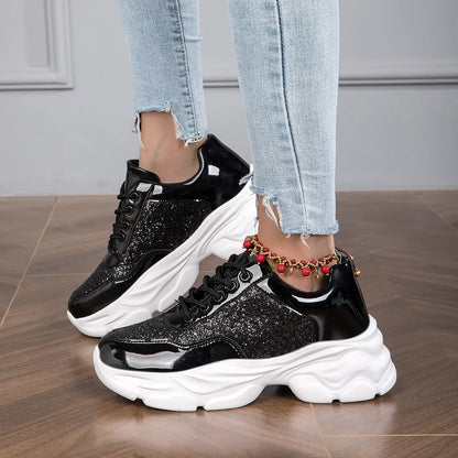 Women's Sneakers - Chunky Sole - Glitter Panel - Lace-Up Fashion Casual Shoes