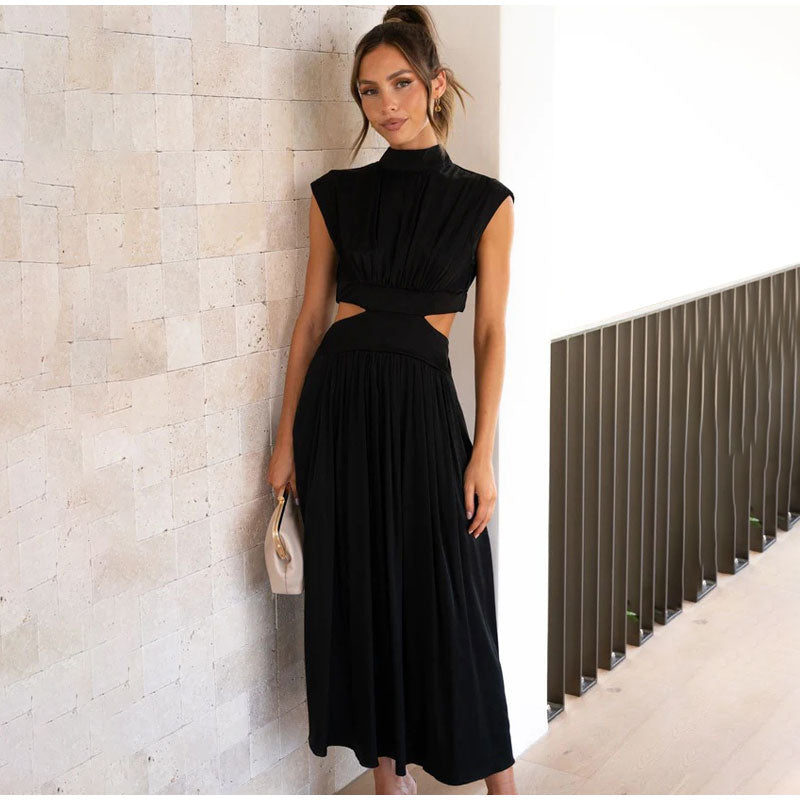 Women's Mini Dress - High Neck - Cap Sleeves - Waist Cutout - Flowy Silhouette