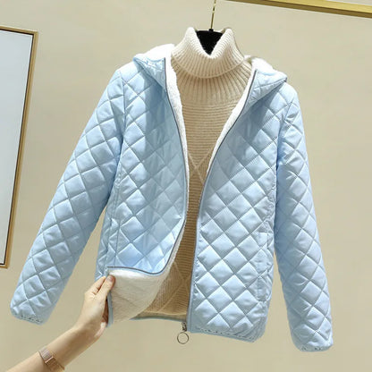 Women’s Quilted Hooded Jacket - Fleece Lined - Diamond Stitch - Zipper Front Closure
