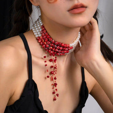 Bold red and pearl beaded layered choker necklace