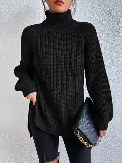 Women’s Sweater - Ribbed Knit - Oversized Fit - Turtleneck - Side Split Hem
