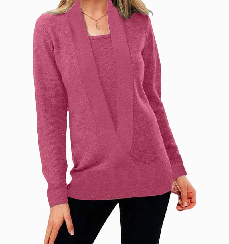 Women's deep V-neck long-sleeved fake two-piece sweater