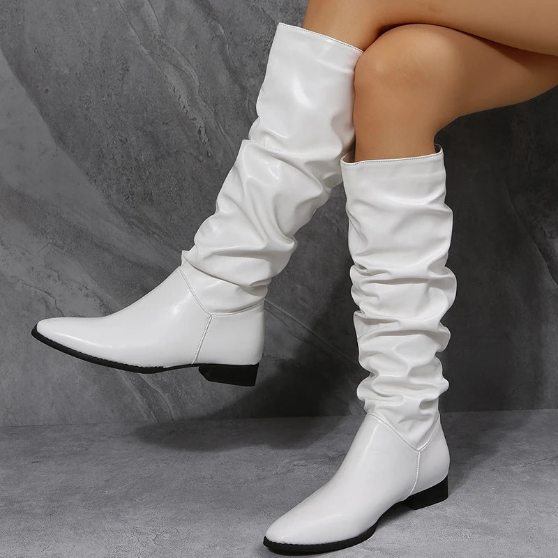 Women's knee high punk style pleated PU leather boots