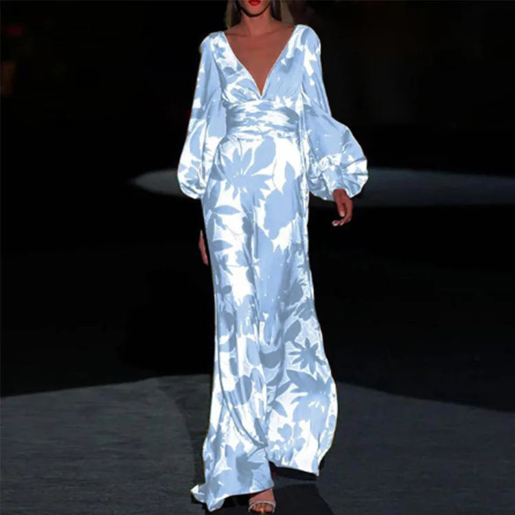 Women’s Gown - Maxi Length - Deep V-Neck - Bishop Sleeves - Elegant Formal Wear