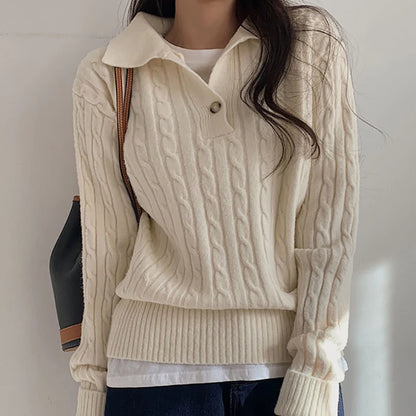 Women's Cable Knit Sweater - Soft Wool Blend - Collared with Button Placket