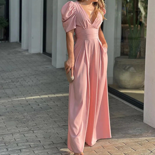 Tailored Puff Sleeve Wide-Leg Jumpsuit
