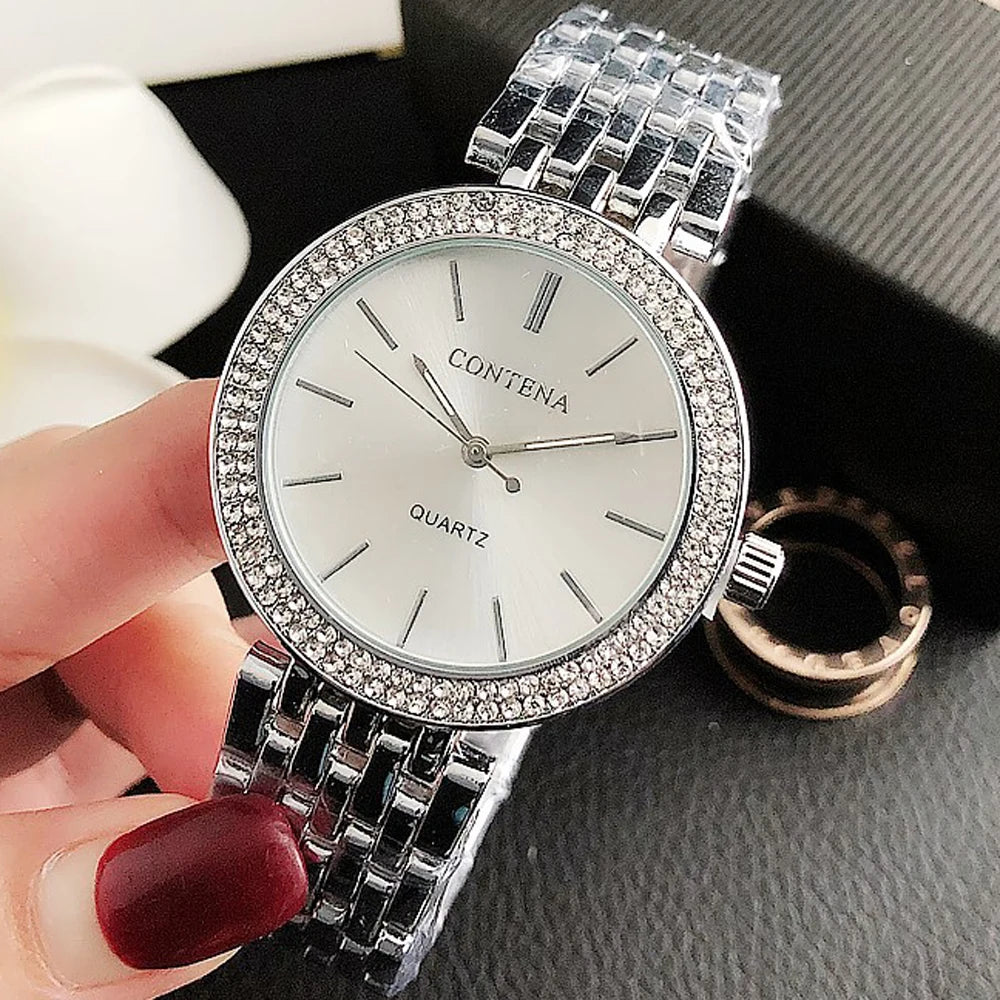 Elegant quartz women's wristwatch with crystal bezel