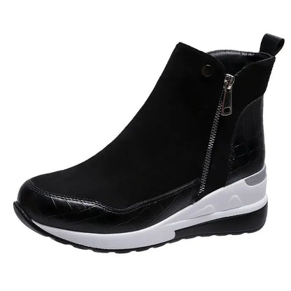 Women's Wedge Ankle Boots - Suede & Faux Leather - Side Zipper - Platform Sole