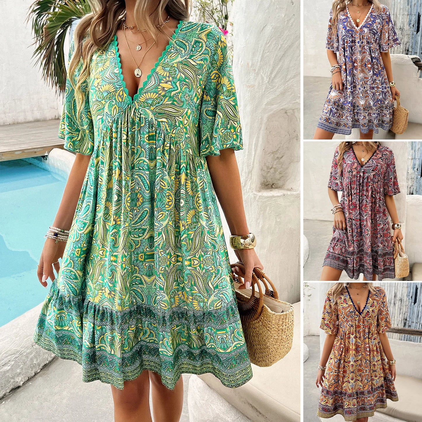 Women’s Bohemian Dress – Lightweight Cotton – Relaxed Fit – V-Neck – Tiered Hem – Short Sleeve
