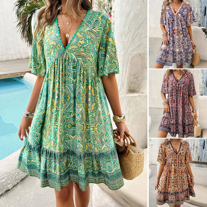 Women’s Bohemian Dress – Lightweight Cotton – Relaxed Fit – V-Neck – Tiered Hem – Short Sleeve