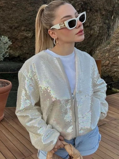 Women’s Bomber Jacket – Relaxed Fit – Sequin Embellished – Cropped Waist – Zip Front