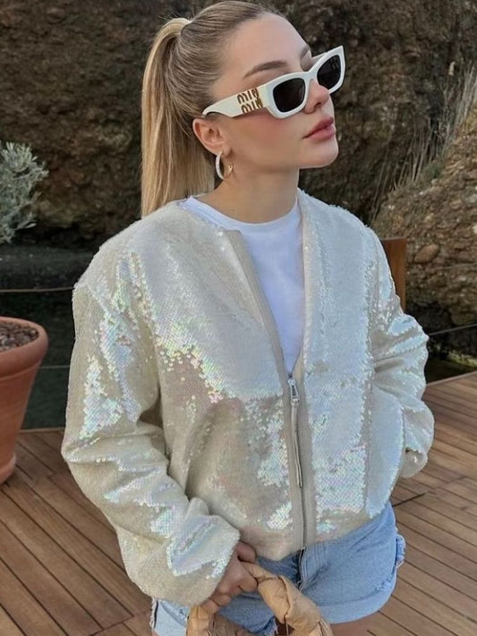 Sequin Embellished Relaxed Fit Bomber Jacket 