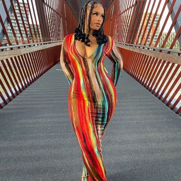 Women's colorful tie-dye long sleeve bodycon dress