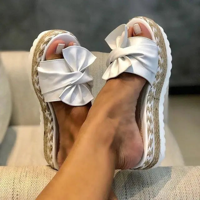 Women's Platform Slide Sandals - Cushioned Sole - Bow Detail - Casual Comfort