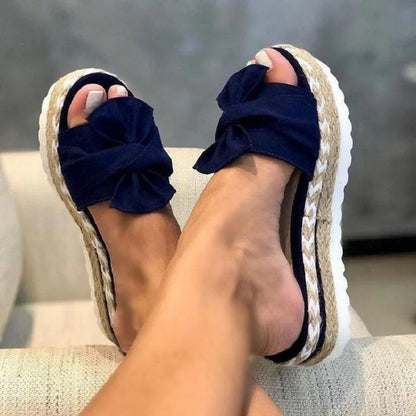 Women's Platform Slide Sandals - Cushioned Sole - Bow Detail - Casual Comfort