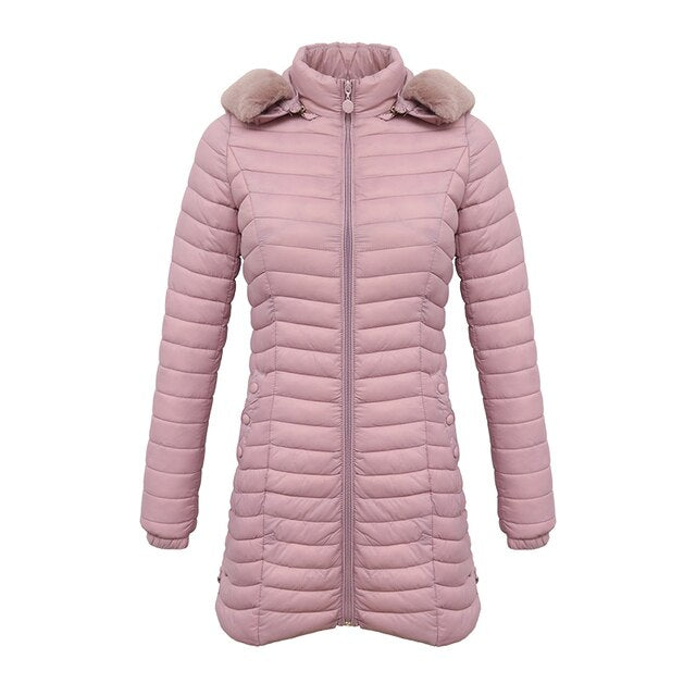 Women's lightweight long parka coat with fur hood