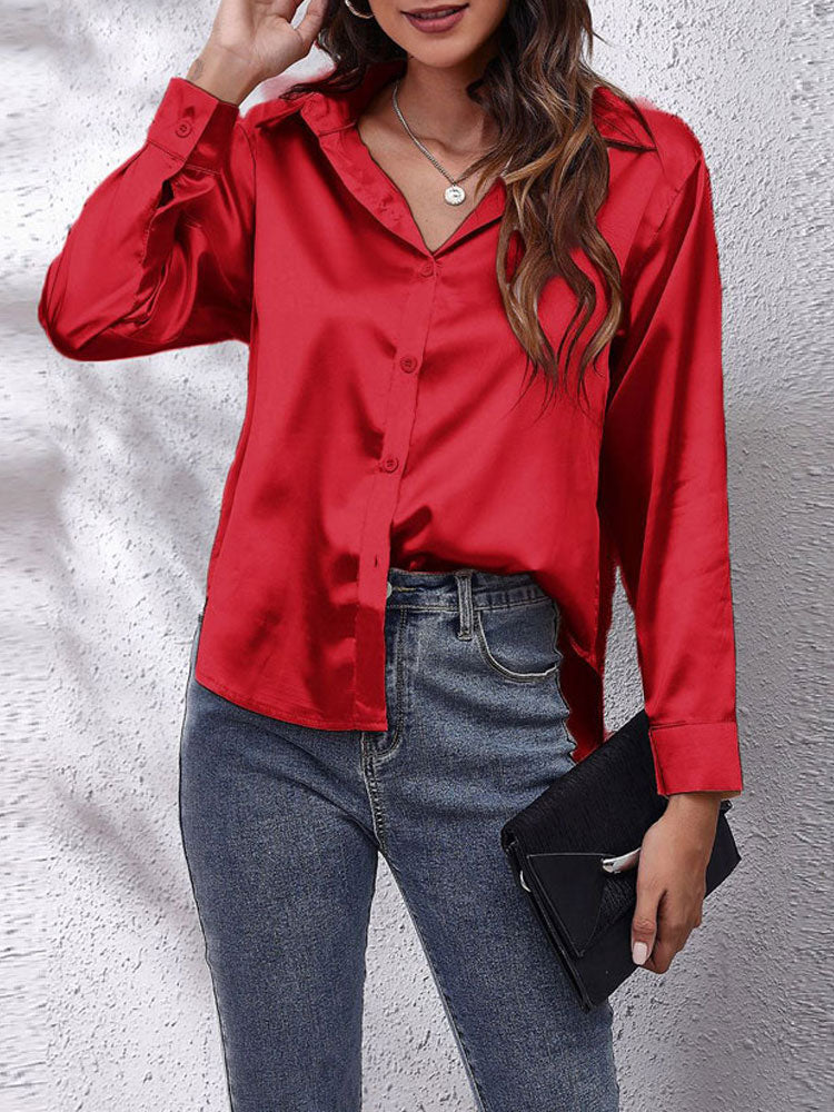 Women's Satin Blouse - Button Down - Collared Neck - Long Sleeve Loose Fit