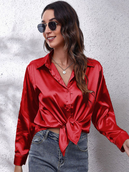 Women's Satin Blouse - Button Down - Collared Neck - Long Sleeve Loose Fit