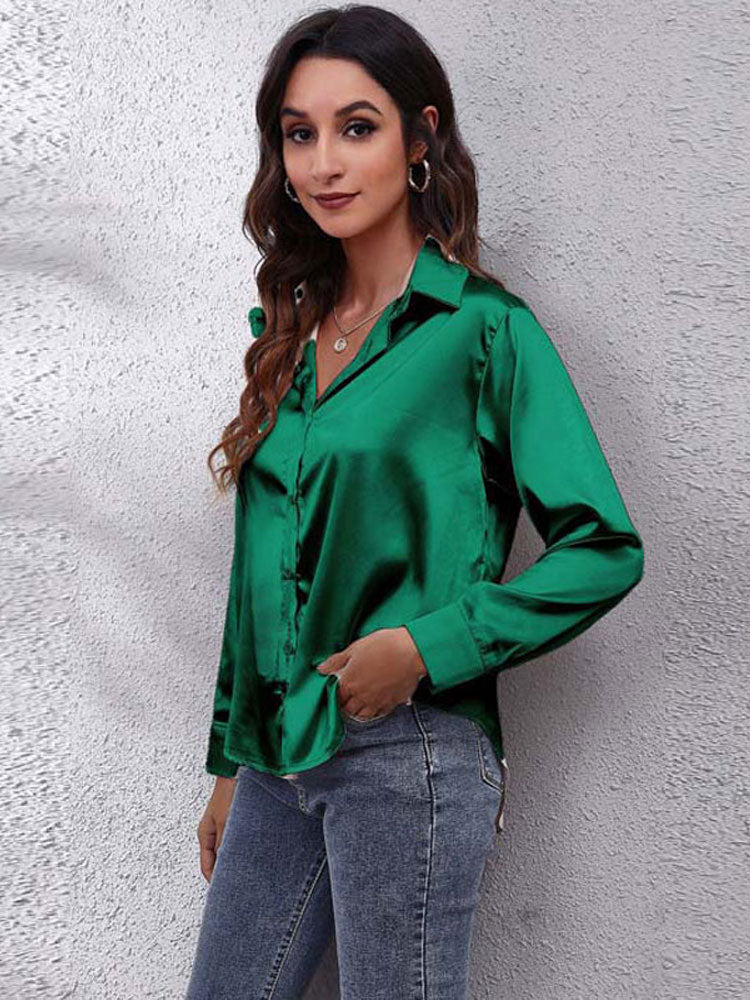 Women's Satin Blouse - Button Down - Collared Neck - Long Sleeve Loose Fit
