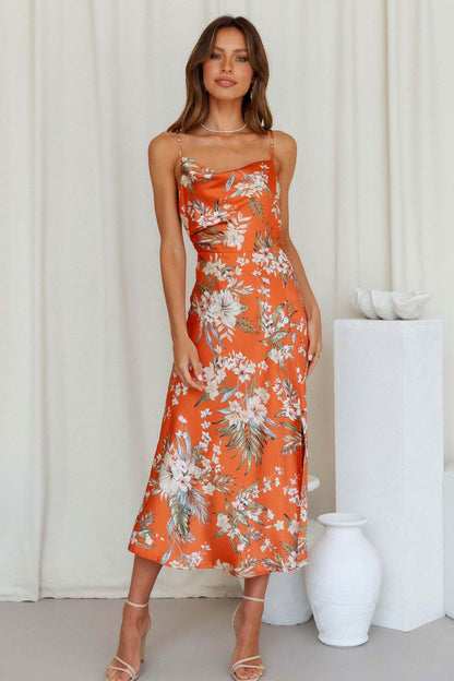Women's Slip Dress - Floral Print - Cowl Neck - Spaghetti Straps - High Slit Midi