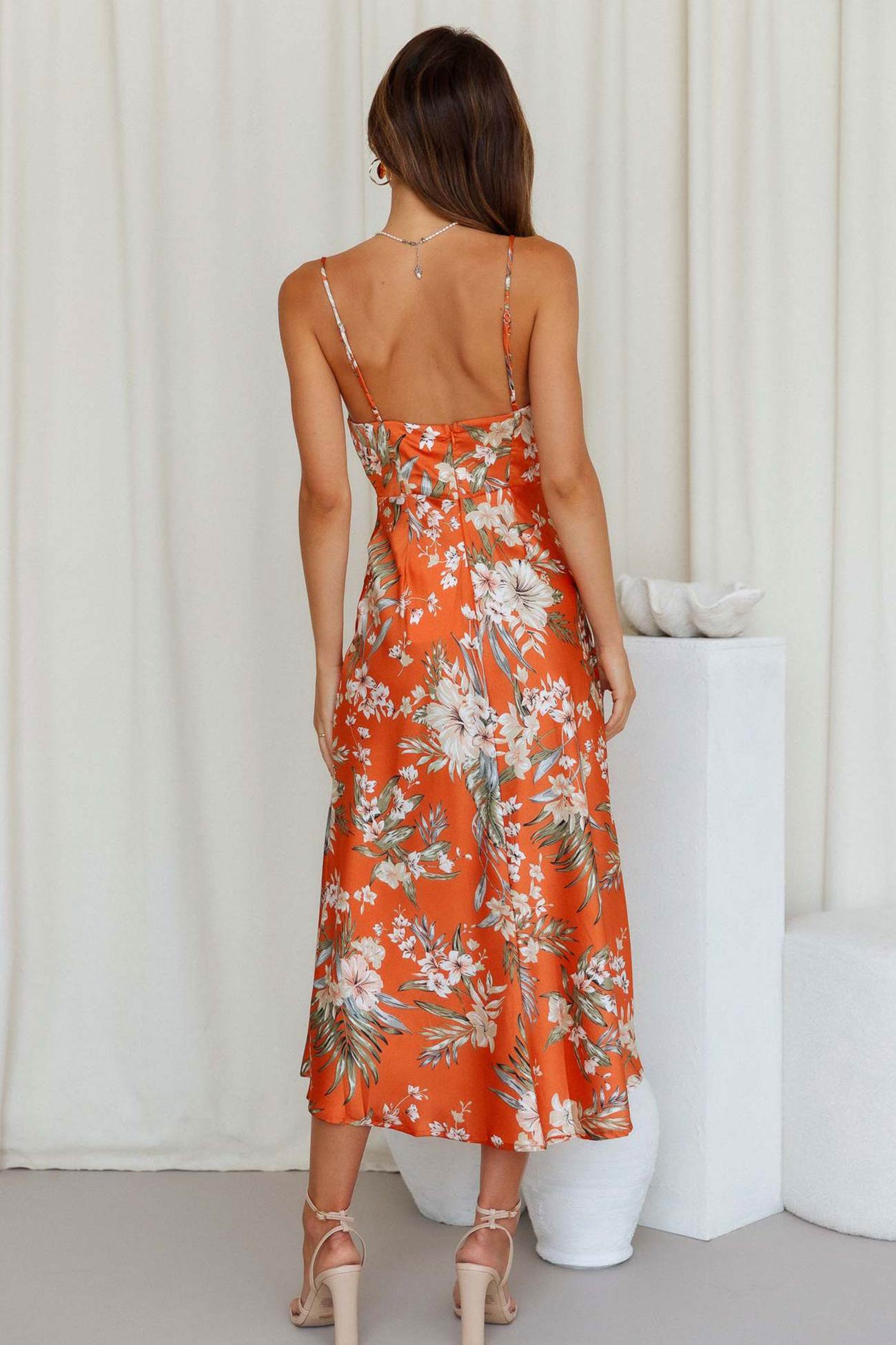Women's Slip Dress - Floral Print - Cowl Neck - Spaghetti Straps - High Slit Midi