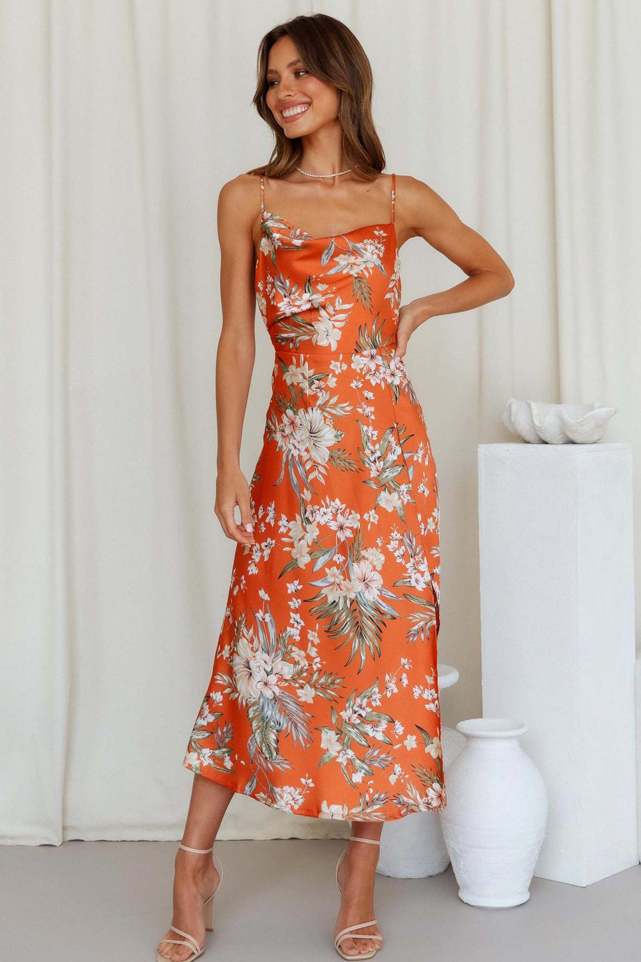 Women's Slip Dress - Floral Print - Cowl Neck - Spaghetti Straps - High Slit Midi