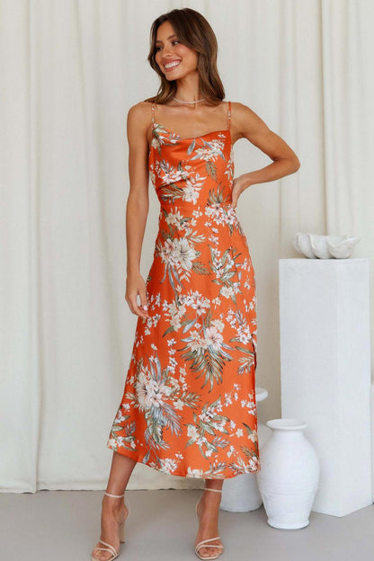 Women's Slip Dress - Floral Print - Cowl Neck - Spaghetti Straps - High Slit Midi