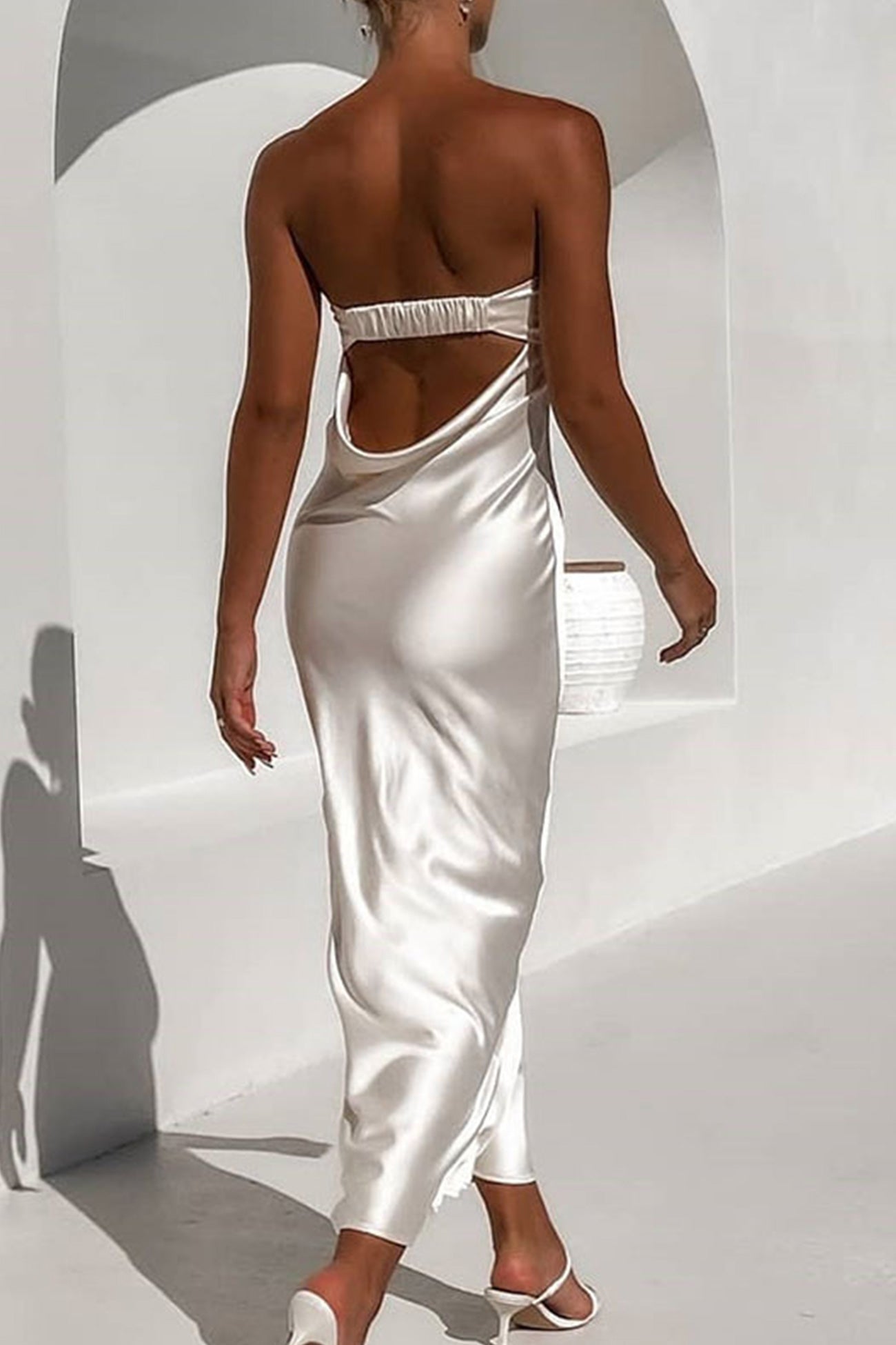Women's Strapless Maxi Dress - Satin Finish - Elegant Fitted Silhouette