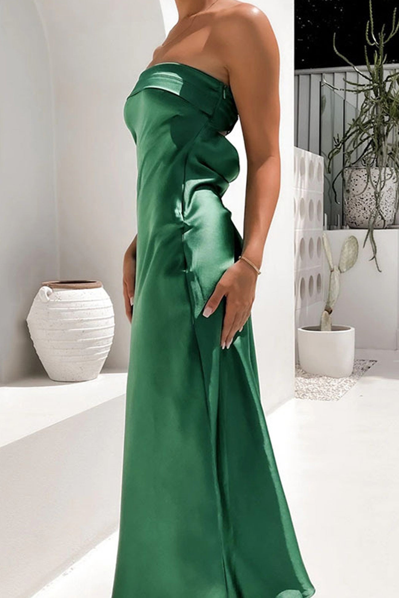 Women's Strapless Maxi Dress - Satin Finish - Elegant Fitted Silhouette