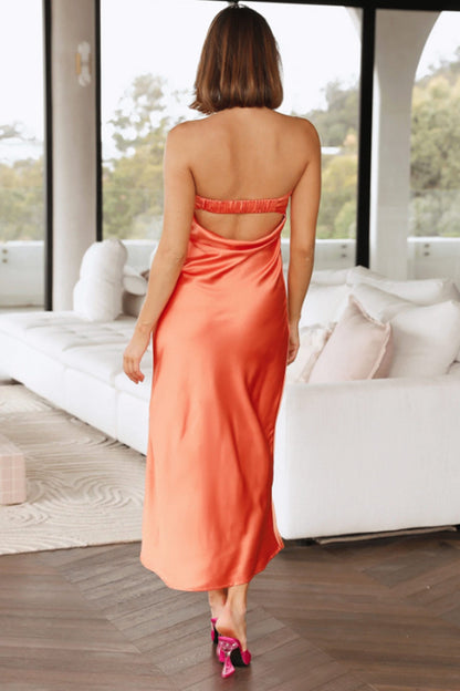 Women's Strapless Maxi Dress - Satin Finish - Elegant Fitted Silhouette