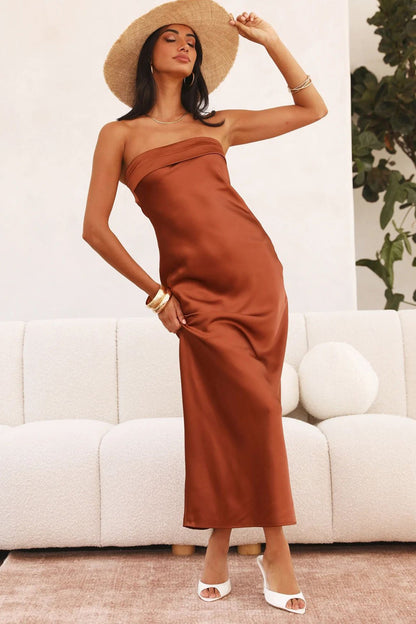Women's Strapless Maxi Dress - Satin Finish - Elegant Fitted Silhouette