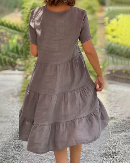 Women's Casual Midi Dress - V-Neck - Short Sleeve - Loose Fit Tiered Design