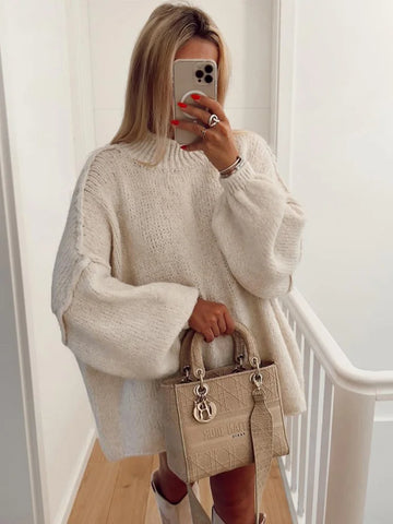Women's oversized high neck knit sweater with lantern sleeves