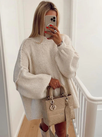 Women's oversized high neck knit sweater with lantern sleeves